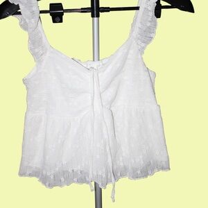 La Pêche White Textured Babydoll Tank Top Medium Boho Lace Strap Blouse